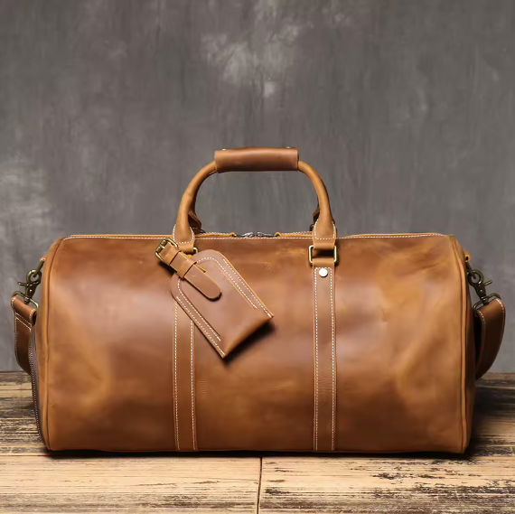 Handmade Genuine Leather Weekender Duffle Bag – Carry-On Travel Bag for Men