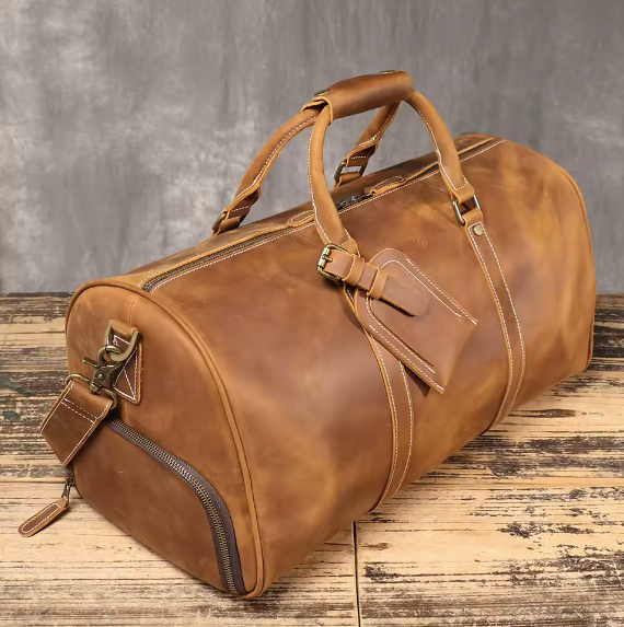 Handmade Genuine Leather Weekender Duffle Bag – Carry-On Travel Bag for Men