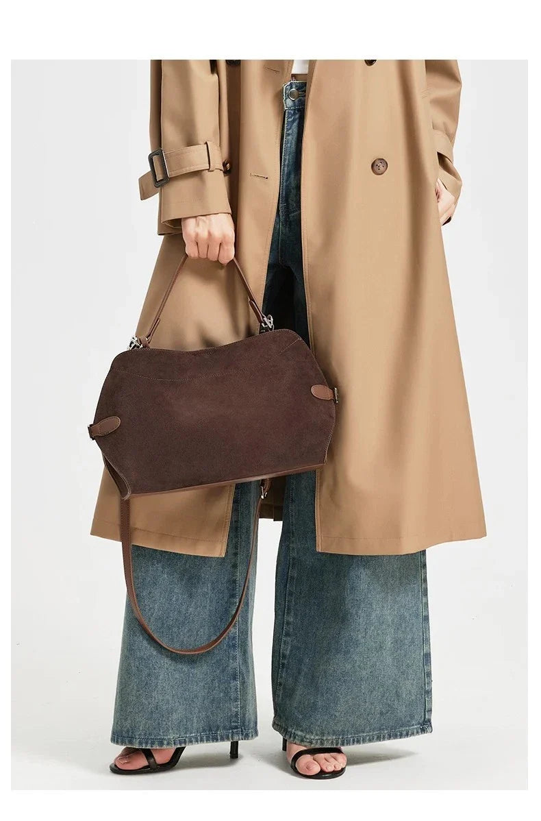 New Winter 2026 Women's Genuine Suede Leather Handbag Soft Cowhide Tote