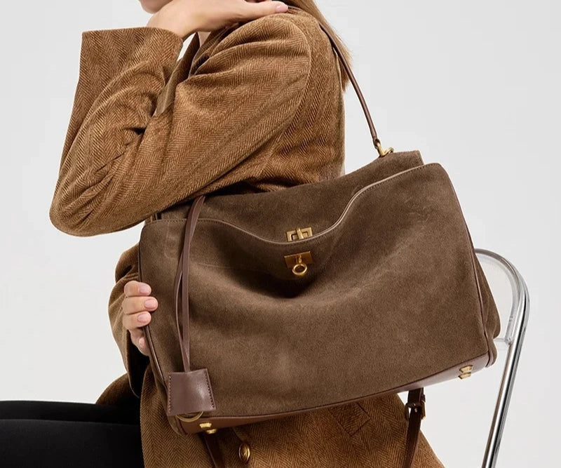 2026 Autumn/Winter Luxury Genuine Suede Leather Tote Shoulder Bag Handbag laptop