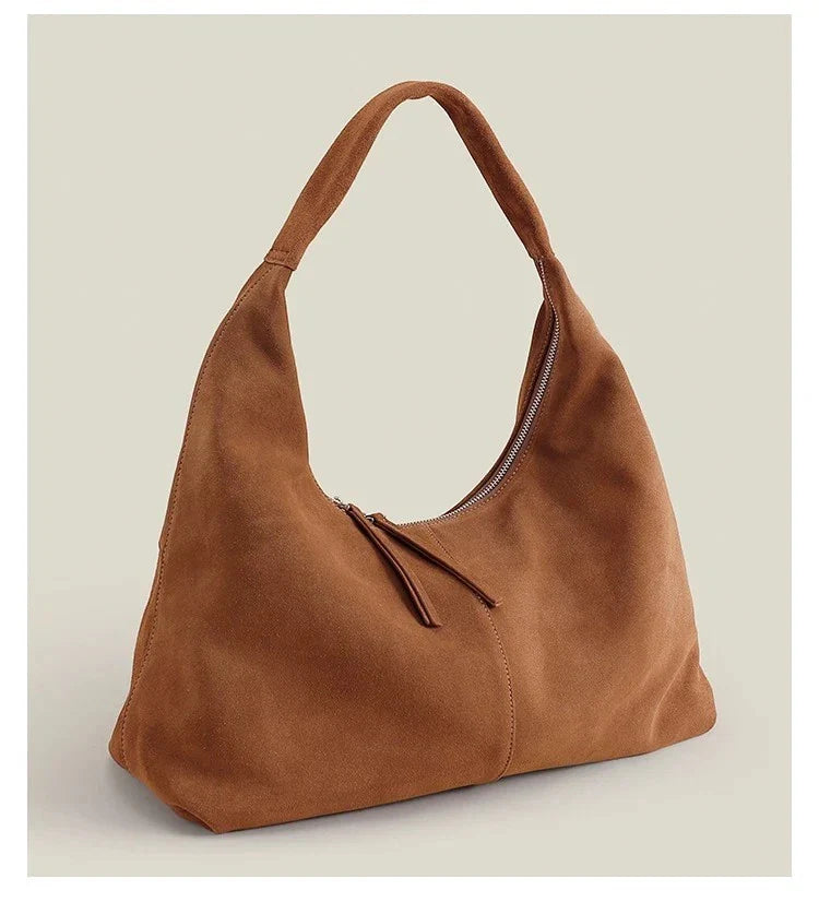 Luxury Suede Cow Genuine Leather Shoulder Bag Large Capacity Armpit Tote Purse