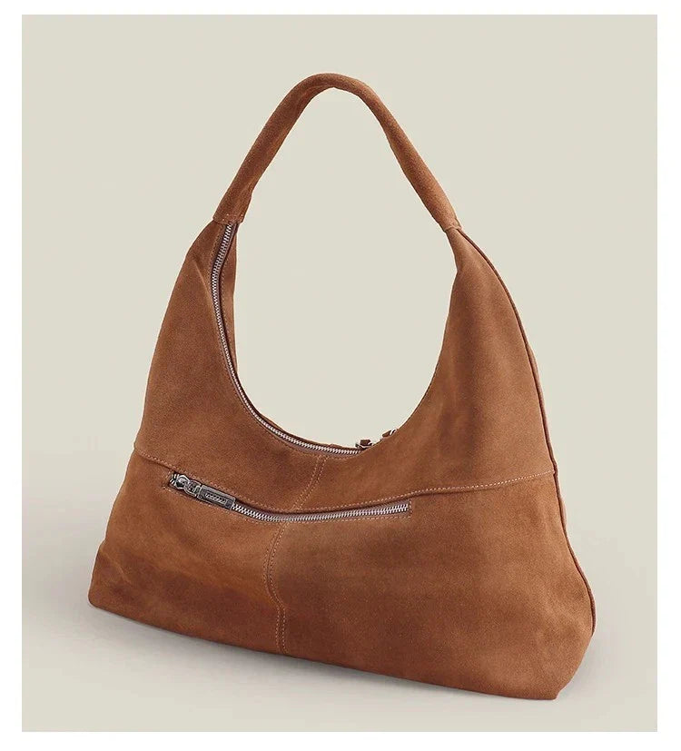 Luxury Suede Cow Genuine Leather Shoulder Bag Large Capacity Armpit Tote Purse