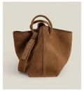 Luxury Suede Leather Shoulder Bag Women Round Handle Wide Strap Tote Handbag