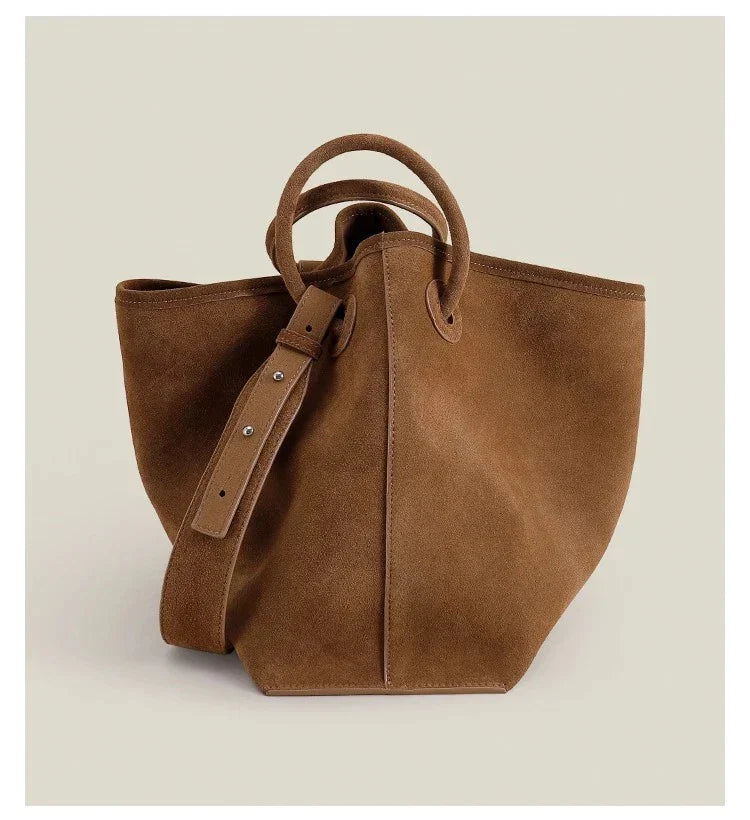 Luxury Suede Leather Shoulder Bag Women Round Handle Wide Strap Tote Handbag