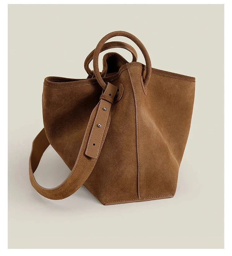 Luxury Suede Leather Shoulder Bag Women Round Handle Wide Strap Tote Handbag
