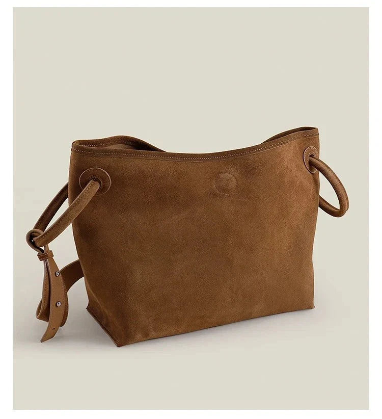 Luxury Suede Leather Shoulder Bag Women Round Handle Wide Strap Tote Handbag