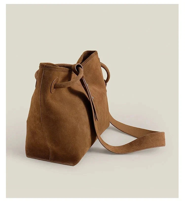 Luxury Suede Leather Shoulder Bag Women Round Handle Wide Strap Tote Handbag
