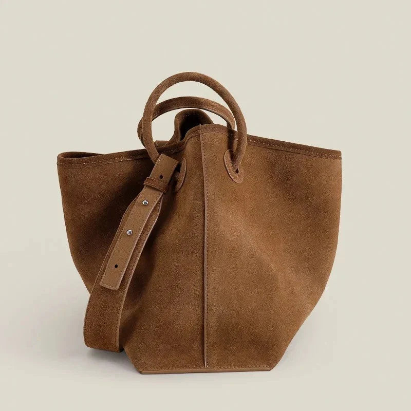 Luxury Suede Leather Shoulder Bag Women Round Handle Wide Strap Tote Handbag
