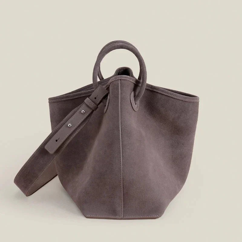 Luxury Suede Leather Shoulder Bag Women Round Handle Wide Strap Tote Handbag