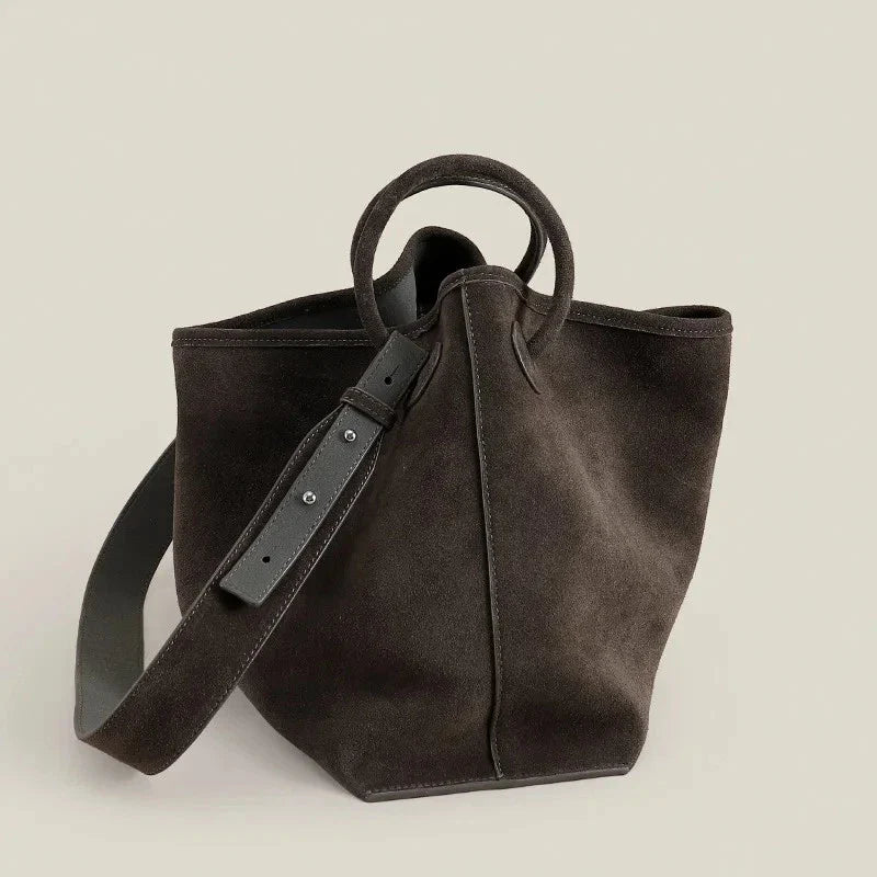 Luxury Suede Leather Shoulder Bag Women Round Handle Wide Strap Tote Handbag