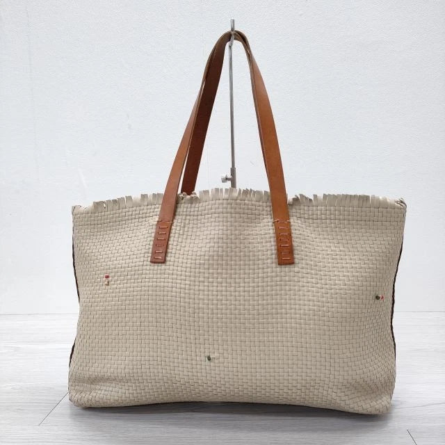 HENRY CUIR leather tote bag braided mesh leather beads tote bag beige women's