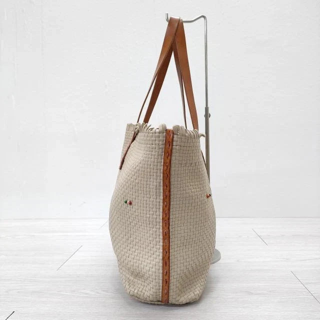 HENRY CUIR leather tote bag braided mesh leather beads tote bag beige women's